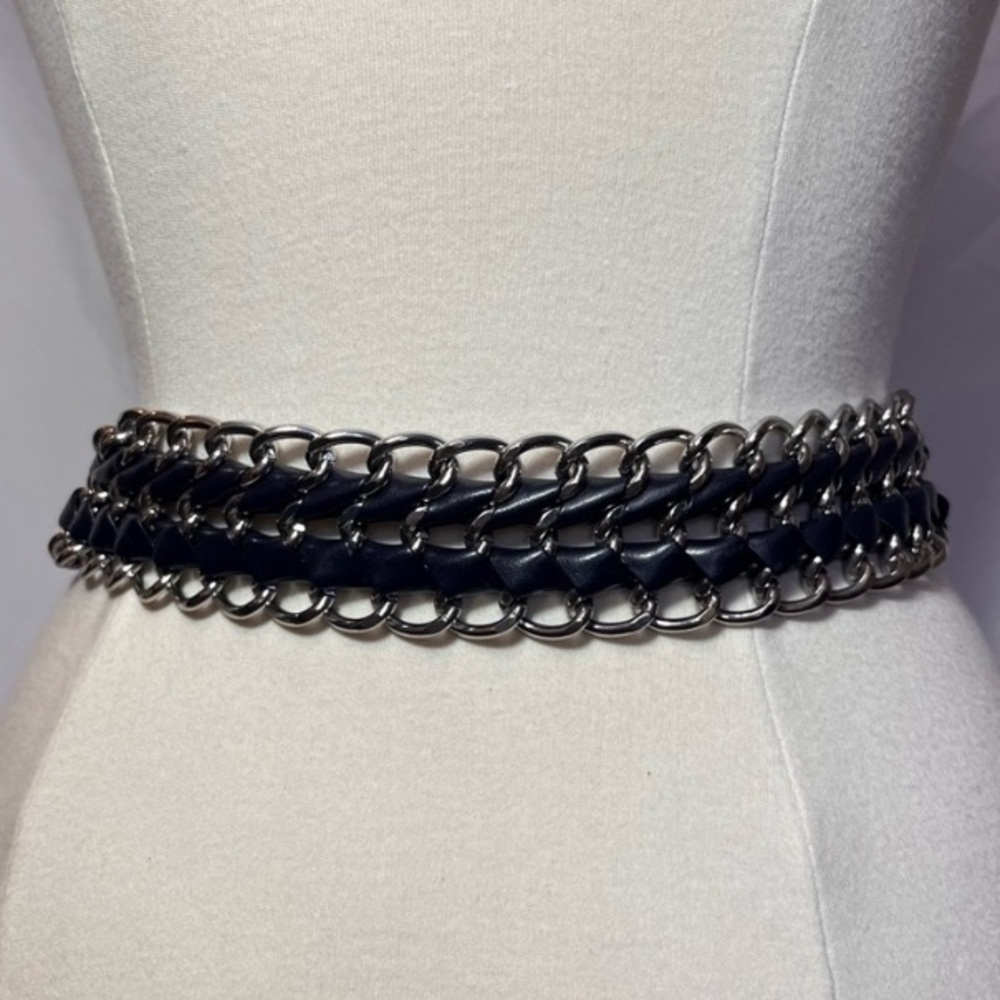 Vintage 90s Y2K Navy Blue & Metallic Silver Chain Belt, Sexy Gothic Steampunk